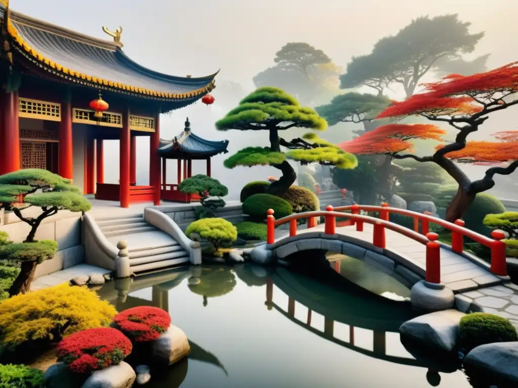 Un jardín chino tradicional con bonsáis, estanque, arco y atmósfera serena