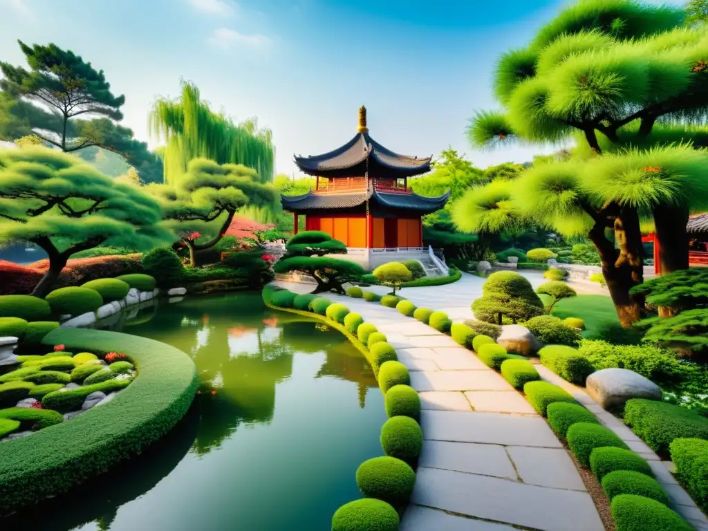 Un jardín chino tradicional con un camino de piedra serpenteante hacia un estanque tranquilo