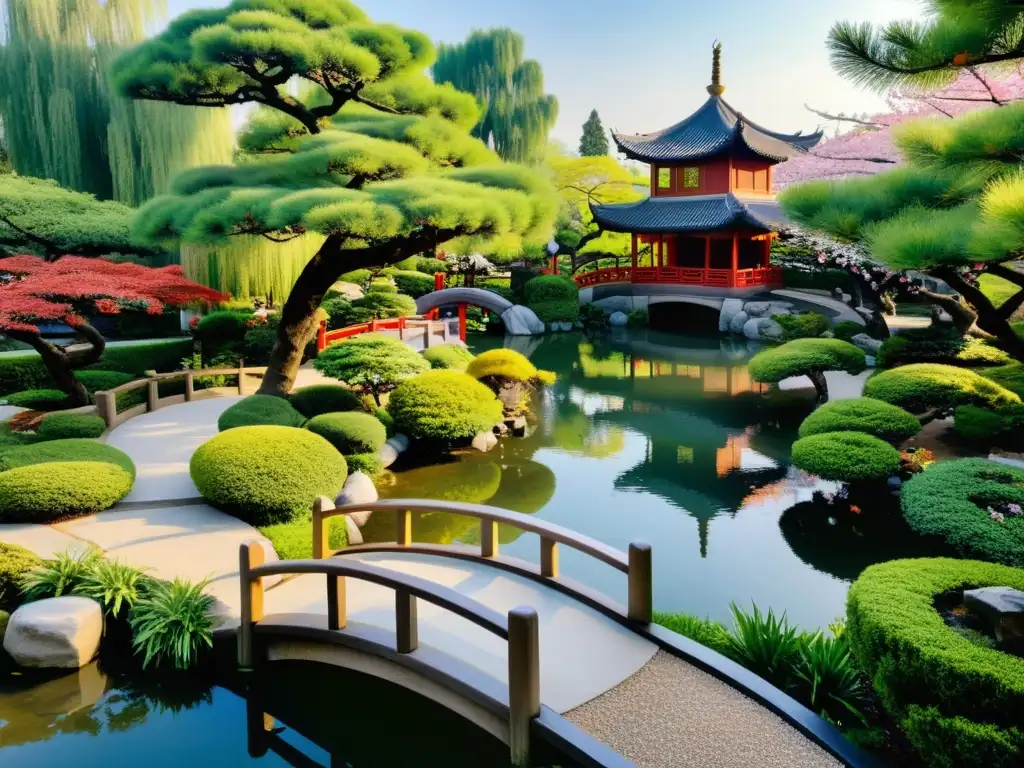 Un jardín chino tradicional con caminos serpenteantes, bonsáis, un puente sobre un estanque de peces koi y una pagoda entre cerezos en flor