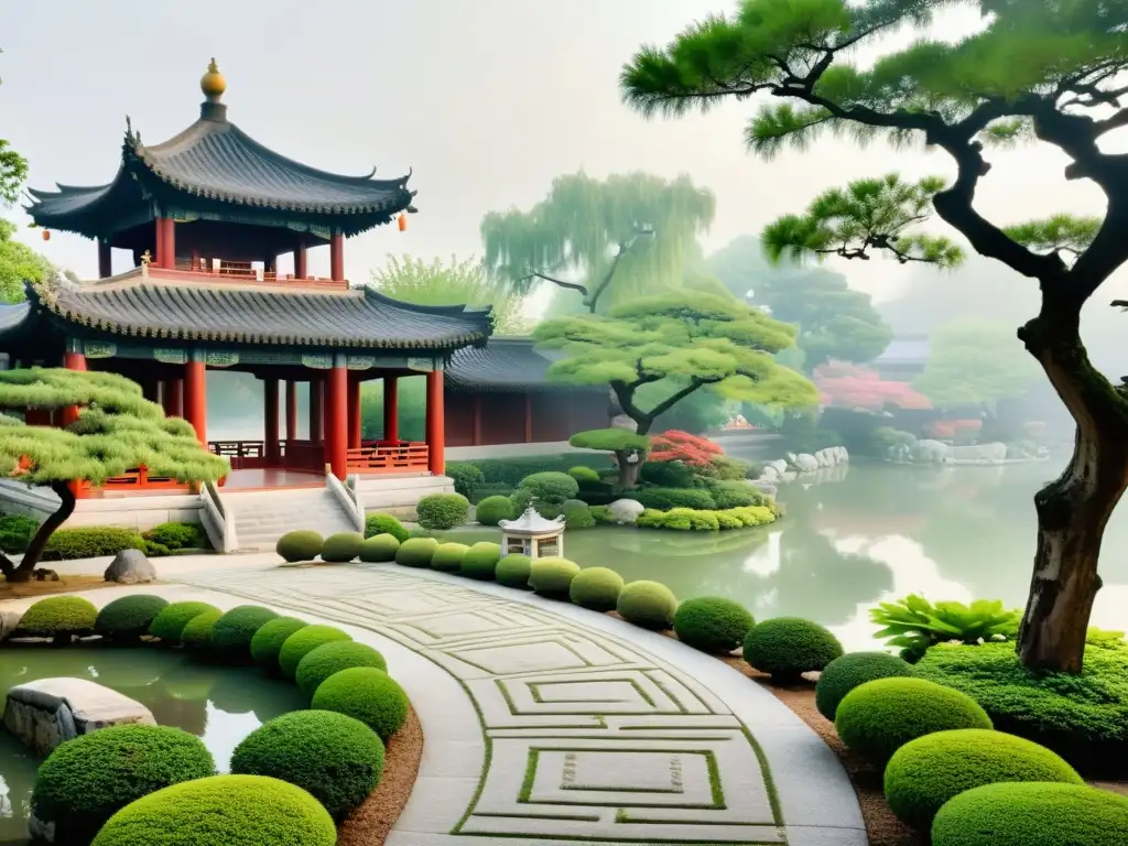 Un jardín chino tradicional envuelto en niebla con un estanque sereno, sendero de piedra y un pabellón