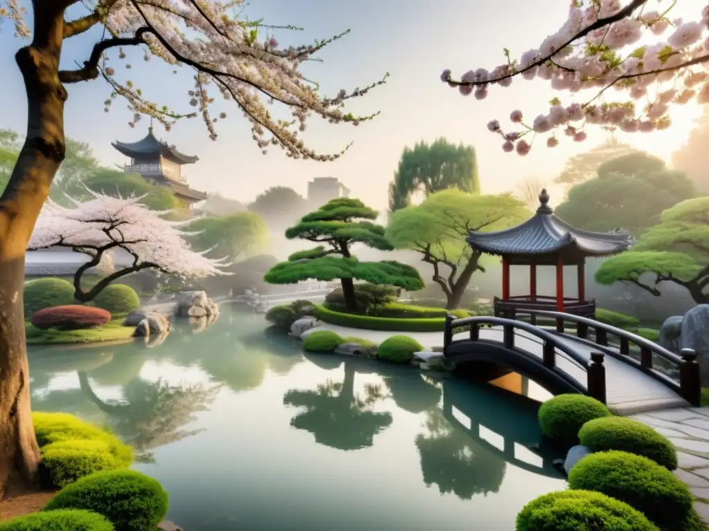 Jardín chino tradicional con estanque, puentes, cerezos en flor y figuras dialogando, representa la Ética confuciana versus moral kantiana