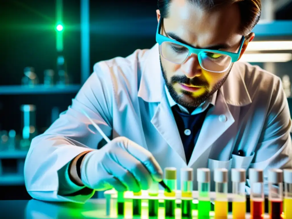 Un científico en bata blanca, con expresión concentrada, pipetea líquido fluorescente en un vial