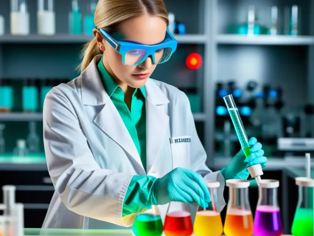 Un científico con bata blanca y gafas de seguridad pipetea con cuidado una solución colorida en un tubo de ensayo, rodeado de instrumentos científicos