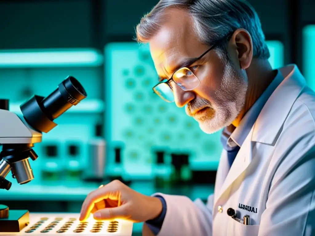 Un científico examina células en un microscopio, transmitiendo el futuro de la inmortalidad a través de la tecnología en la salud