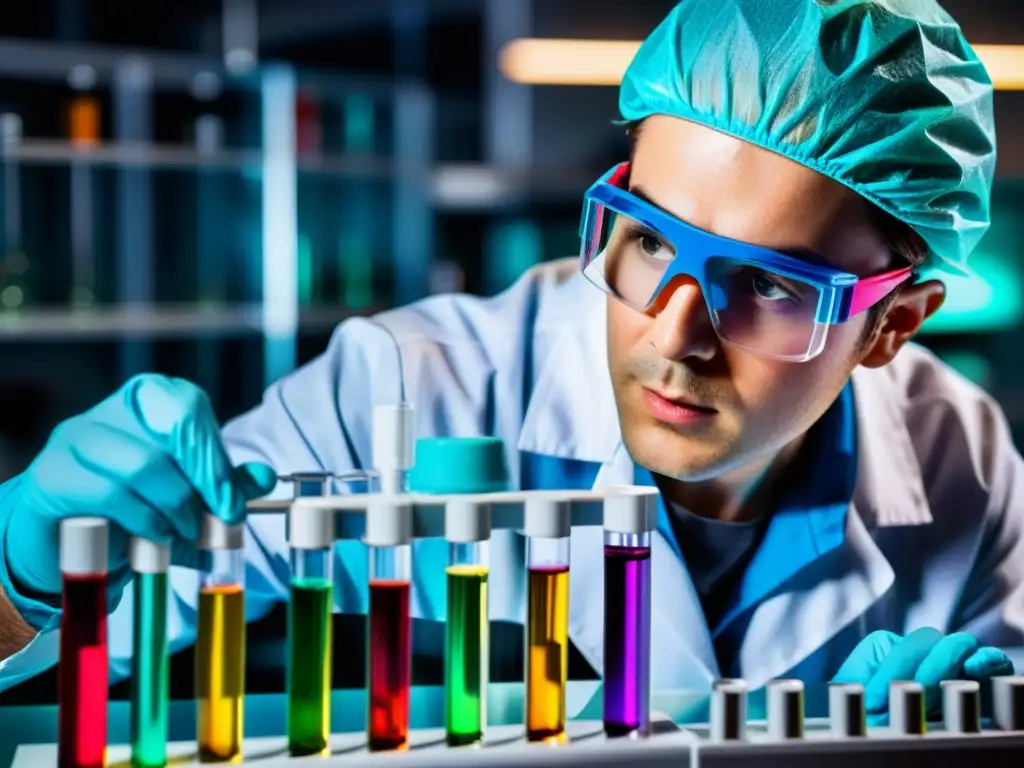 Un científico concentrado en un laboratorio, pipeteando líquido colorido en un tubo de ensayo, con detalles precisos y ambiente brillante