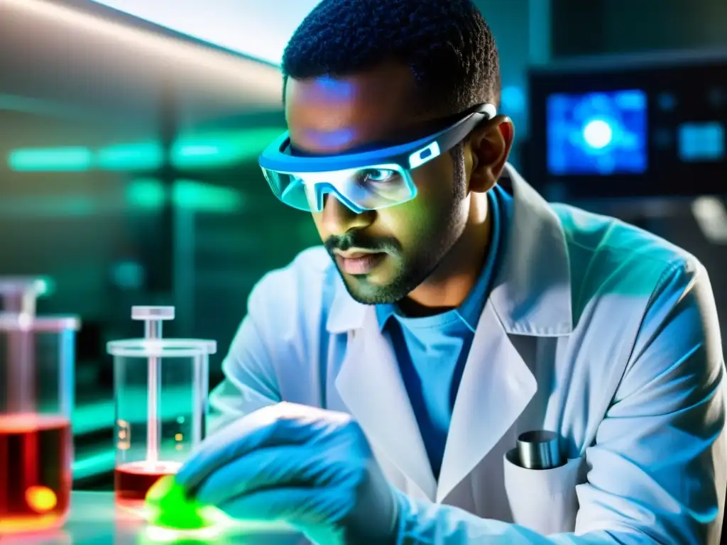 Un científico manipula con cuidado equipos avanzados en un laboratorio, iluminando células en una placa Petri con un rayo láser