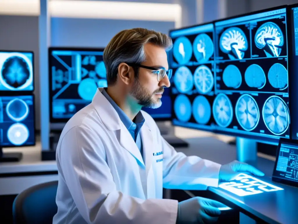 Un científico examina detalladamente un escaneo cerebral, rodeado de equipo médico avanzado
