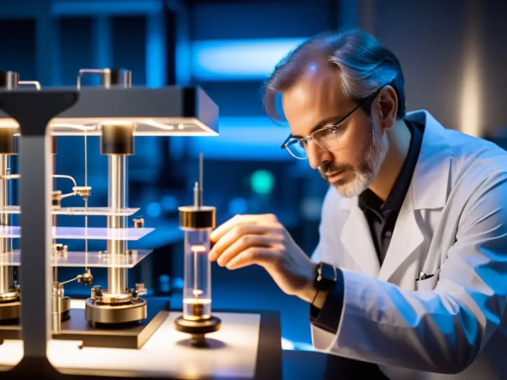 Un científico ajusta un experimento de mecánica cuántica en un laboratorio, mostrando la aplicación de la filosofía de la ciencia en este campo