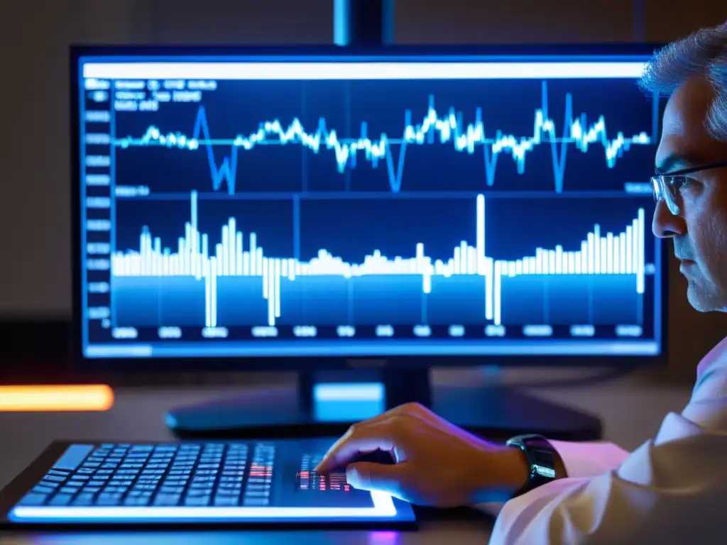 Un científico examina con intensidad datos en la pantalla de la computadora, rodeado de libros y revistas científicas