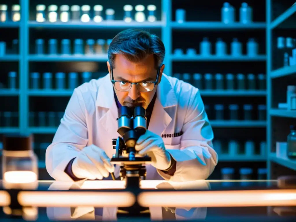 Un científico concentra su mirada en el microscopio en su laboratorio, iluminado por una suave luz