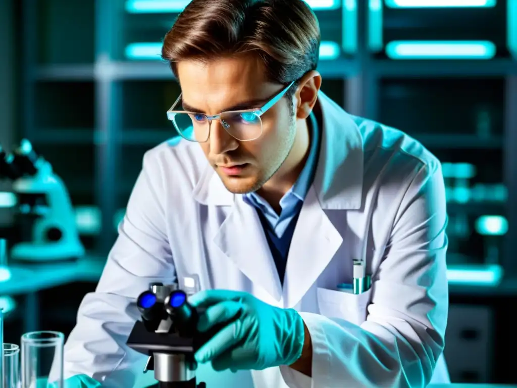 Un científico examina una muestra en un laboratorio, destacando la precisión y dedicación en la búsqueda del conocimiento médico