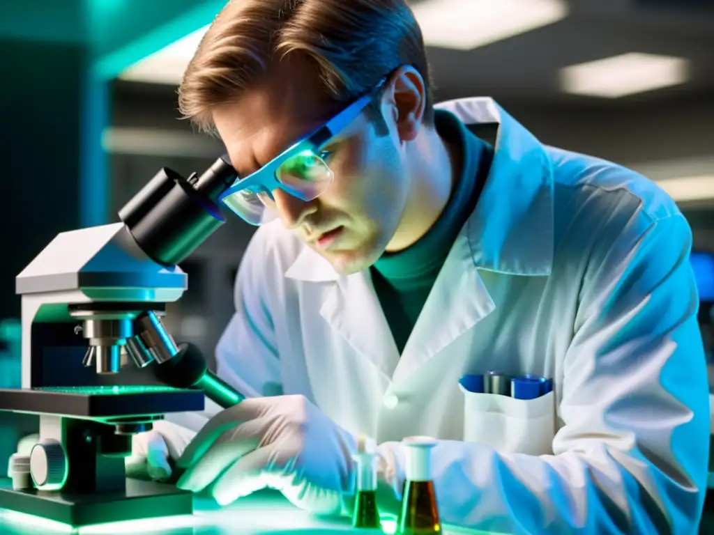 Un científico manipula cuidadosamente una placa de Petri bajo un microscopio en un laboratorio, reflejando el debate sobre la bioética y la creación artificial en biotecnología