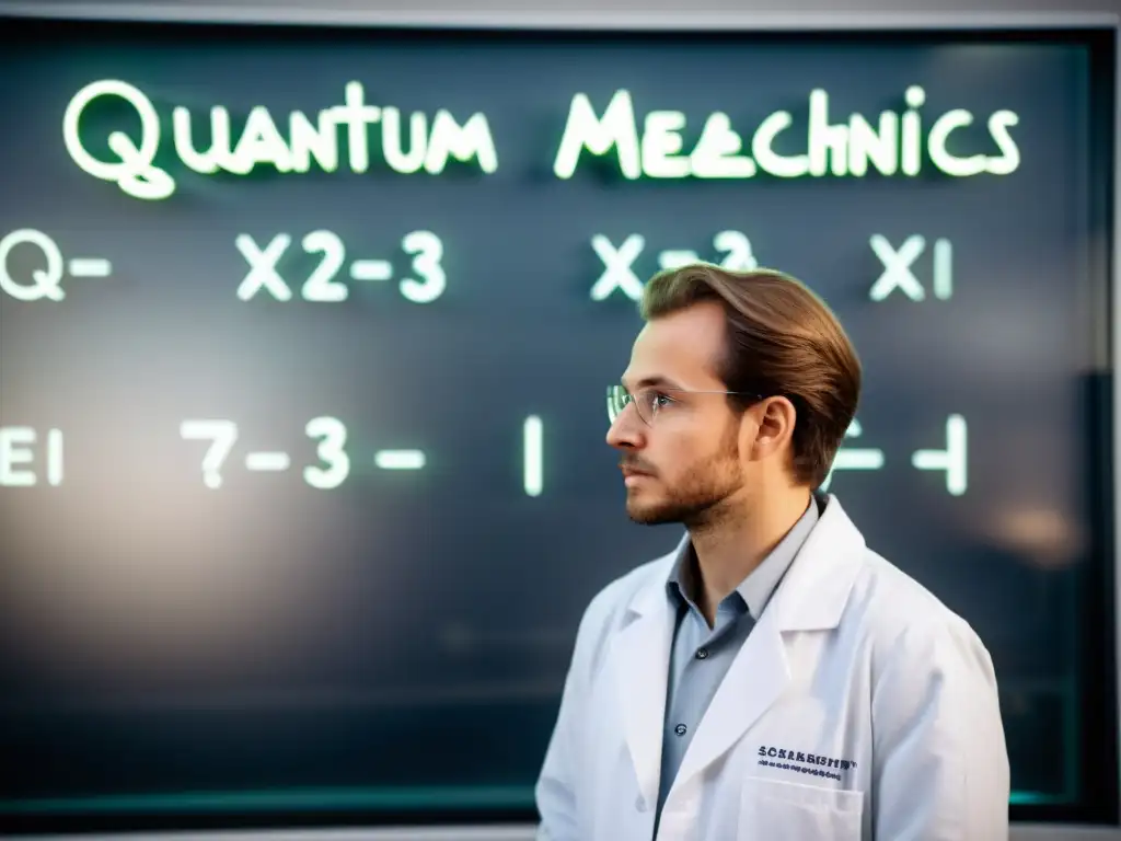 Un científico reflexivo en un laboratorio, contemplando una compleja ecuación de mecánica cuántica en una pizarra de vidrio