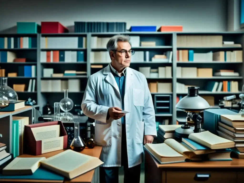 Un científico reflexivo en un laboratorio desordenado, inmerso en la Paradoja de Kuhn revoluciones científicas