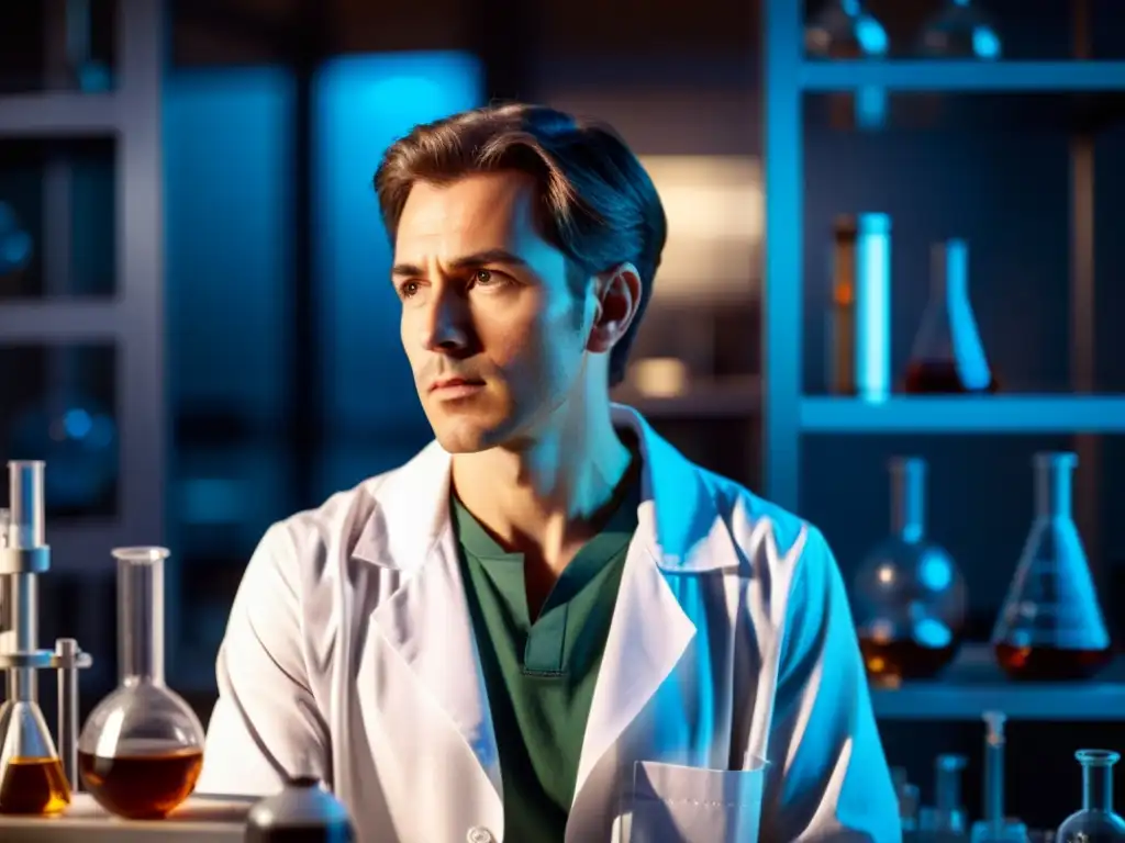 Un científico reflexivo en un laboratorio, rodeado de instrumentos científicos, con una expresión contemplativa