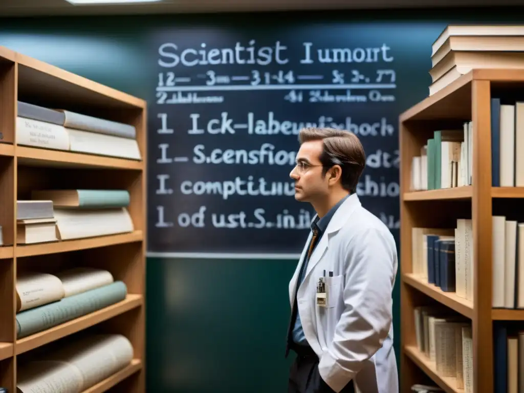 Un científico reflexivo en un laboratorio tenue rodeado de libros antiguos y herramientas científicas