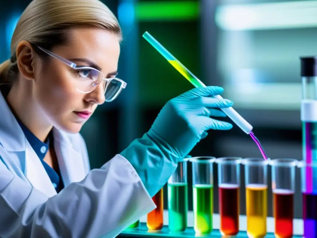 Un científico pipetea con precisión una solución colorida en un tubo de ensayo, destacando la estética y simbolismo en ciencia