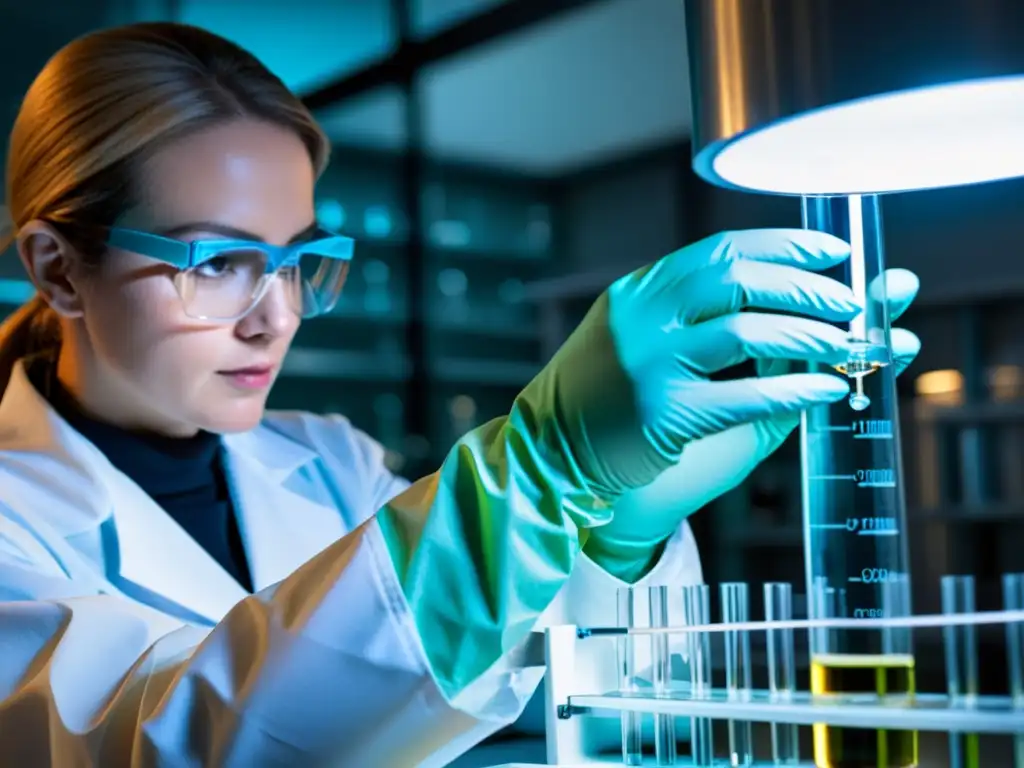 Un científico manipula cuidadosamente un tubo de ensayo en un laboratorio estéril, enfatizando la ética y precisión en la investigación científica