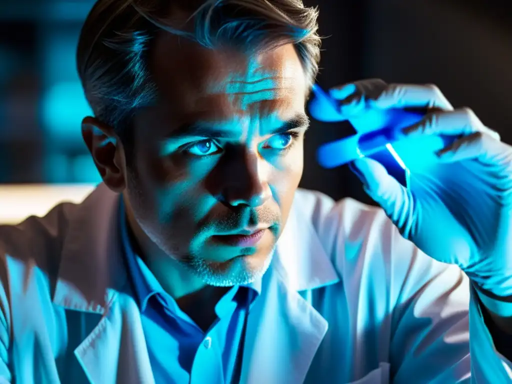 Un científico examina un tubo de ensayo con líquido azul brillante en un laboratorio futurista