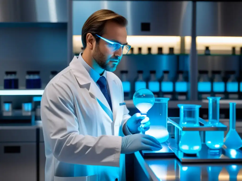 Un científico examina cuidadosamente un tubo de ensayo con líquido azul brillante en un laboratorio moderno, con luces suaves que iluminan el ambiente