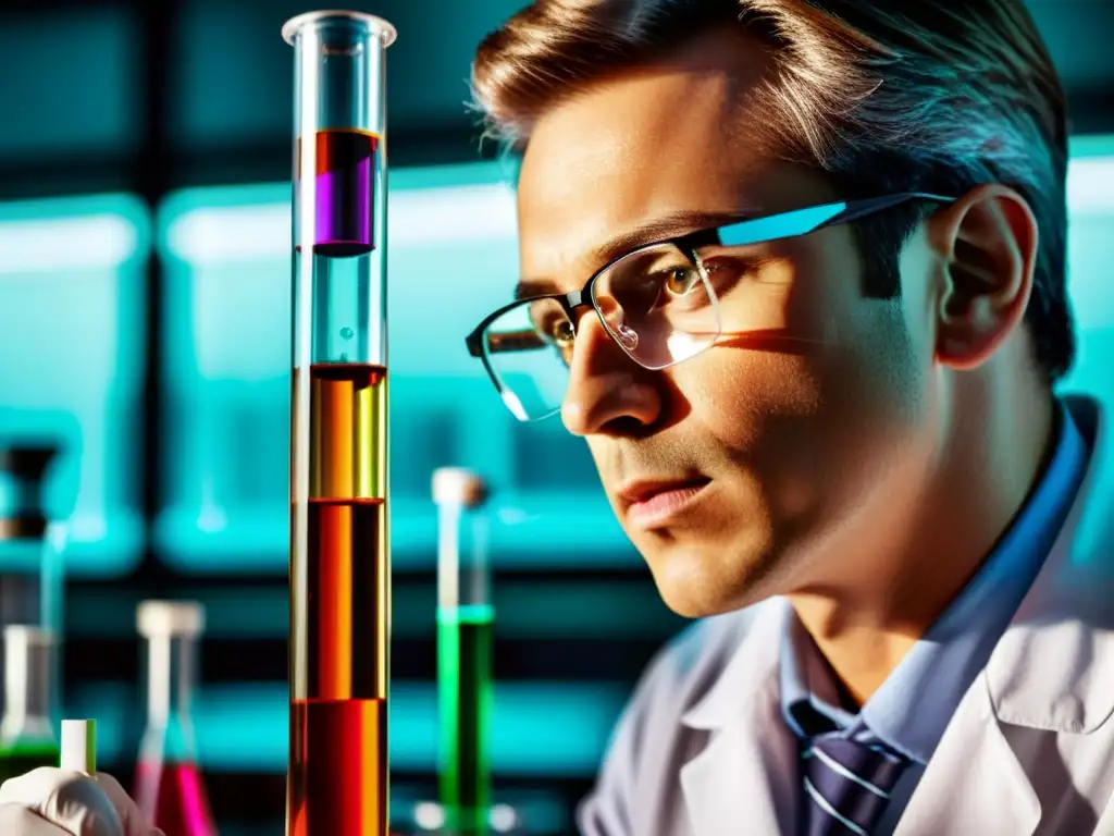 Un científico examina con precisión un tubo de ensayo con líquido brillante en un laboratorio