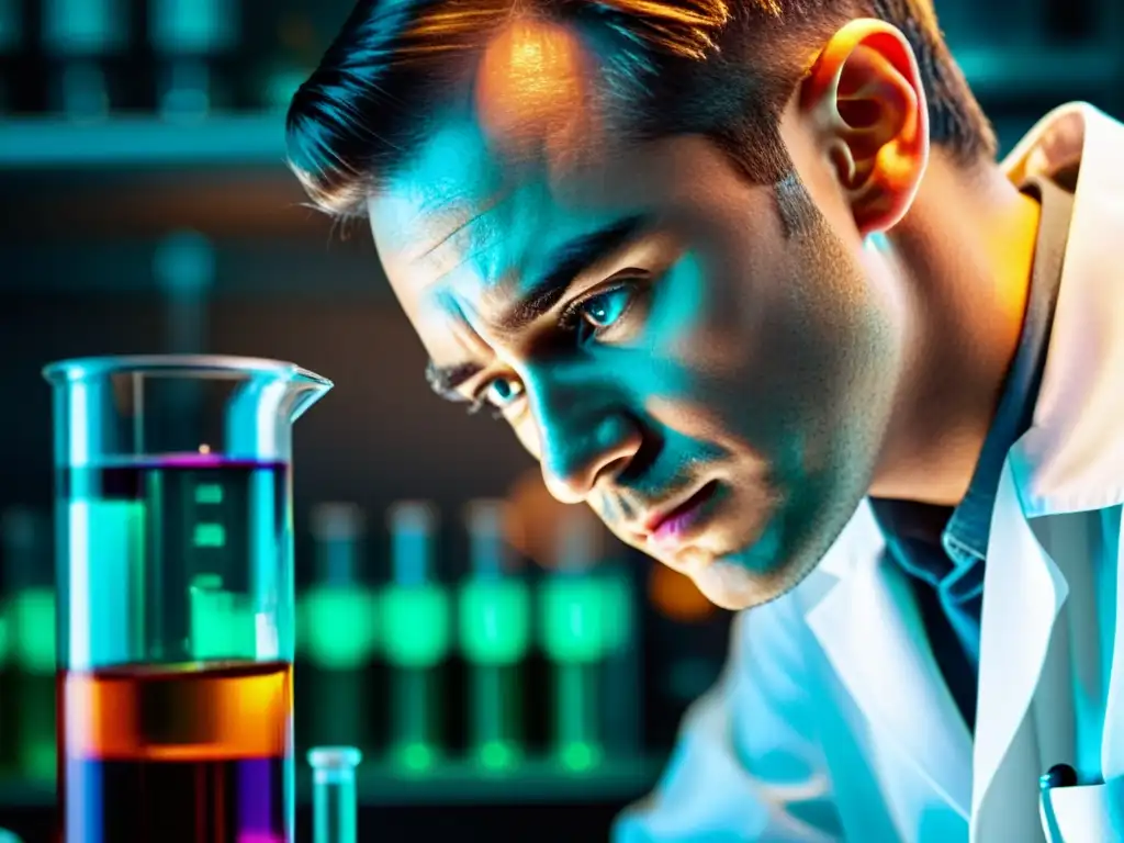 Un científico examina cuidadosamente un tubo de ensayo con líquido burbujeante