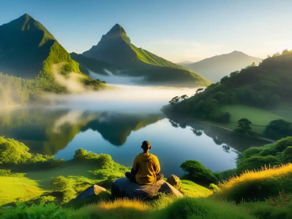 Figura meditando en la cima neblinosa de una montaña, rodeada de vegetación exuberante y un lago claro y sereno