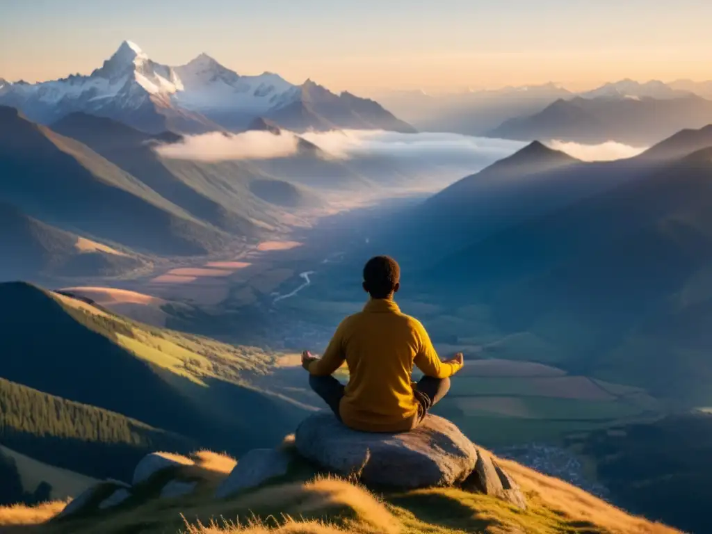 Meditación en la cima de la montaña, rodeado de naturaleza serena y neblina, iluminado por la luz dorada del amanecer
