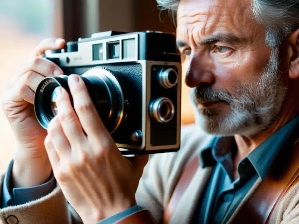 Un cineasta ajusta con precisión el enfoque de una lente de cámara vintage bajo la suave luz natural