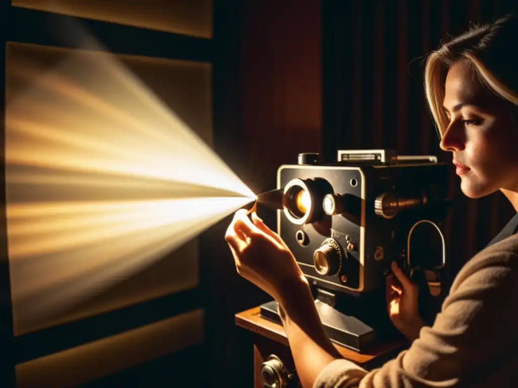 Un cineasta hilvana con cuidado tiras de película en un proyector vintage, sumergido en la contemplación artística