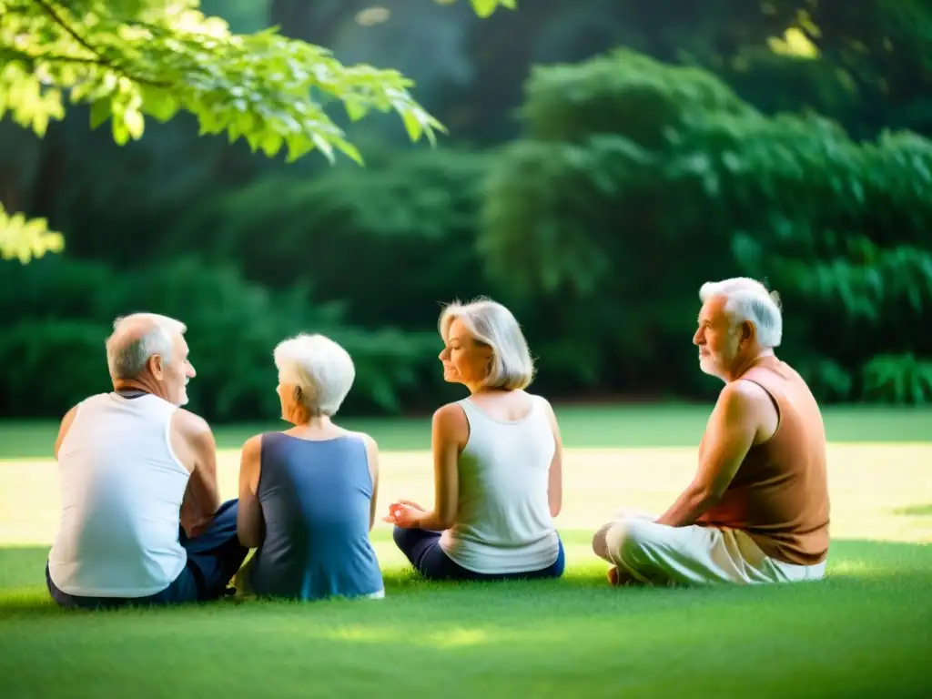 Un círculo de ancianos meditando al aire libre, rodeados de vegetación, en una escena serena que representa la meditación para mantener mente ágil