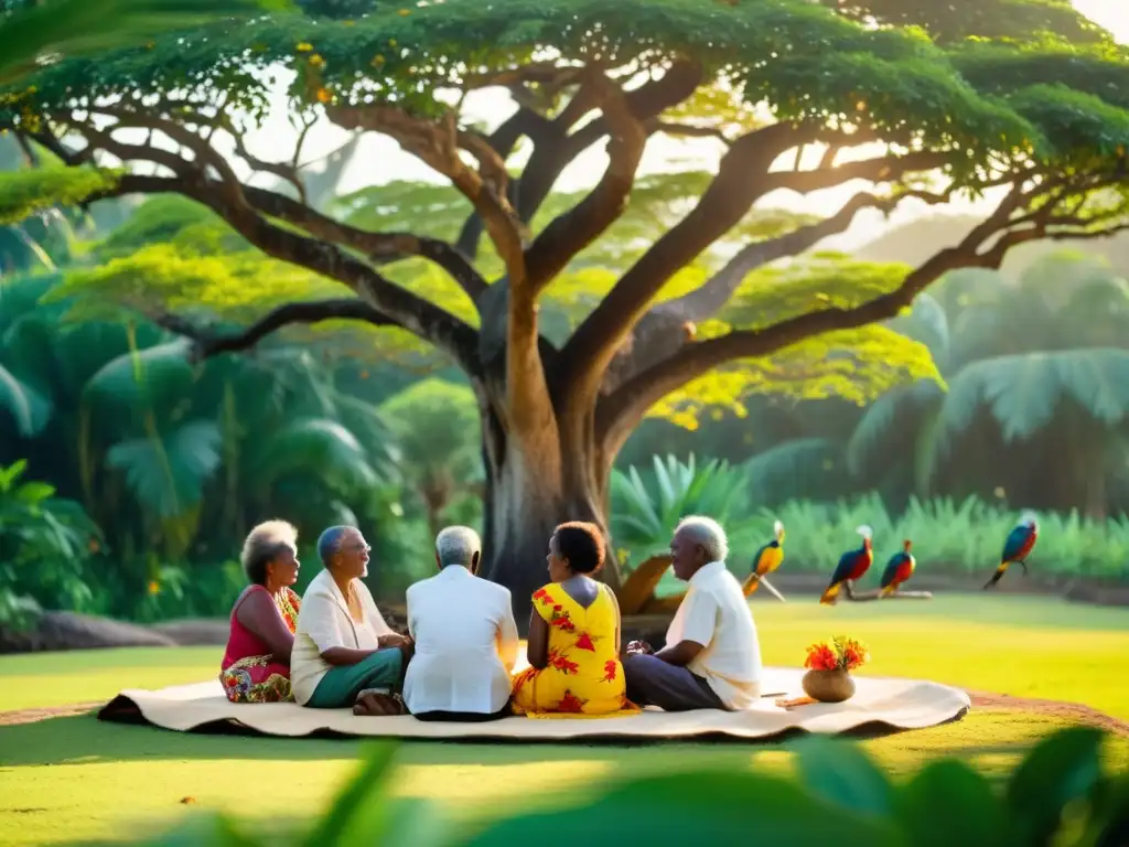 Un círculo de ancianos bajo un árbol, compartiendo la riqueza de la filosofía caribeña antigua