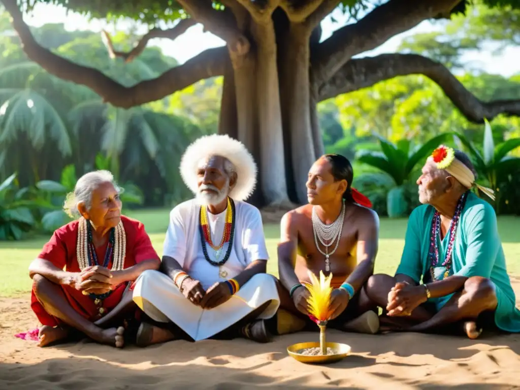 Un círculo de ancianos indígenas del Caribe se reúne bajo un árbol, rodeados de exuberante vegetación y flores tropicales