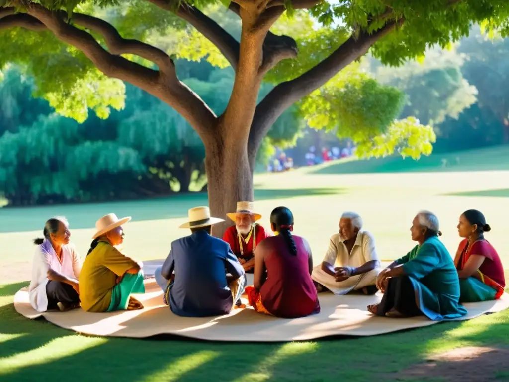 Un círculo de ancianos indígenas comparte sabiduría bajo un árbol