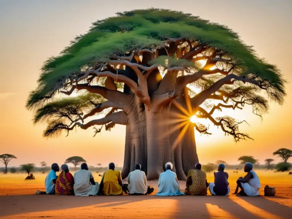 Un círculo de ancianos meditando bajo un baobab al atardecer en la sabana africana