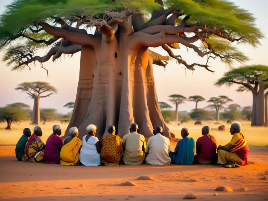 Un círculo de ancianos meditando bajo un baobab al atardecer en África