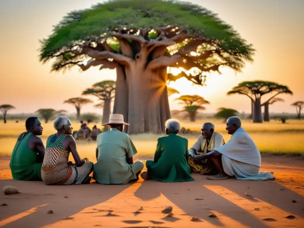 Un círculo de ancianos bajo un baobab al atardecer, sus rostros arrugados iluminados por el sol