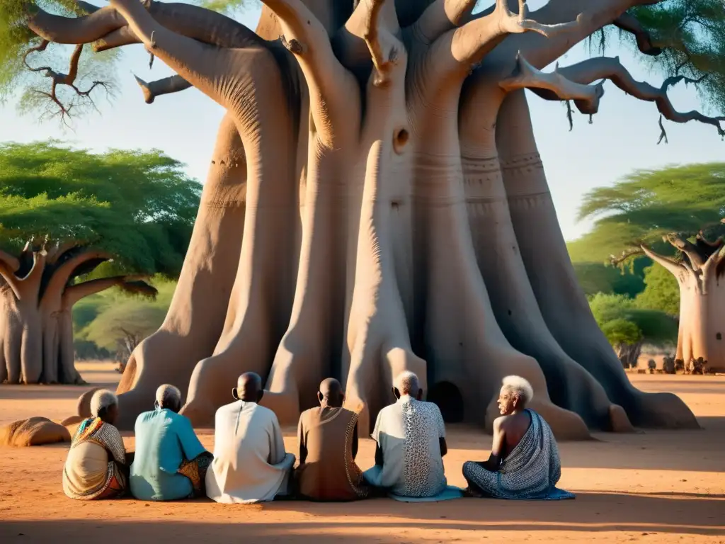 Un círculo de ancianos meditando bajo un baobab, conectados a la filosofía subsahariana en profunda contemplación
