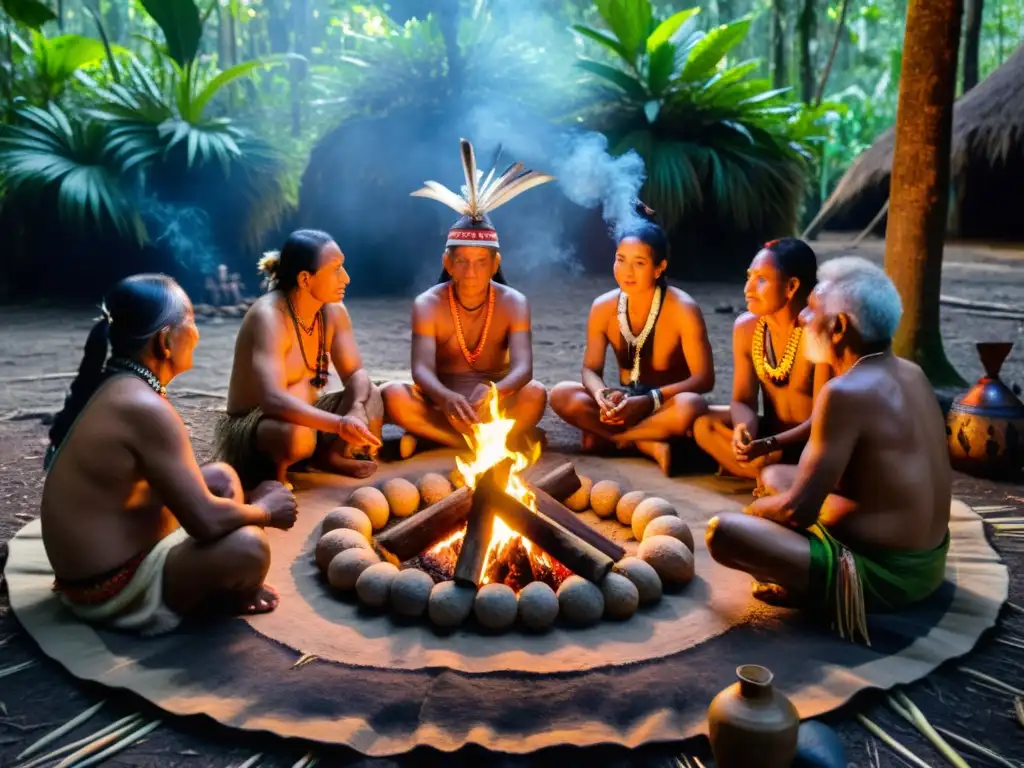 Ritual sagrado de chamanes y ancianos en la selva Un círculo de ancianos indígenas rodea un fuego, con un chamán realizando un ritual