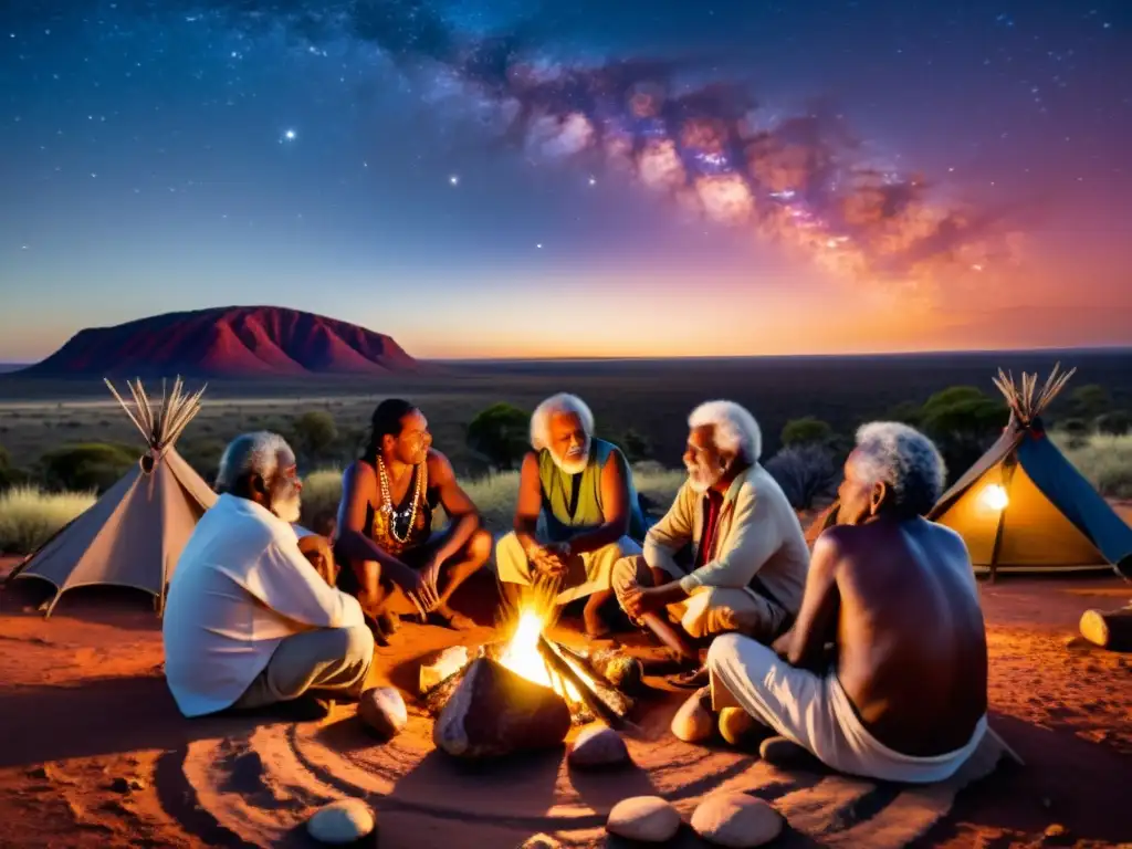 Un círculo de ancianos aborígenes comparte historias alrededor de una hoguera en el vasto outback australiano
