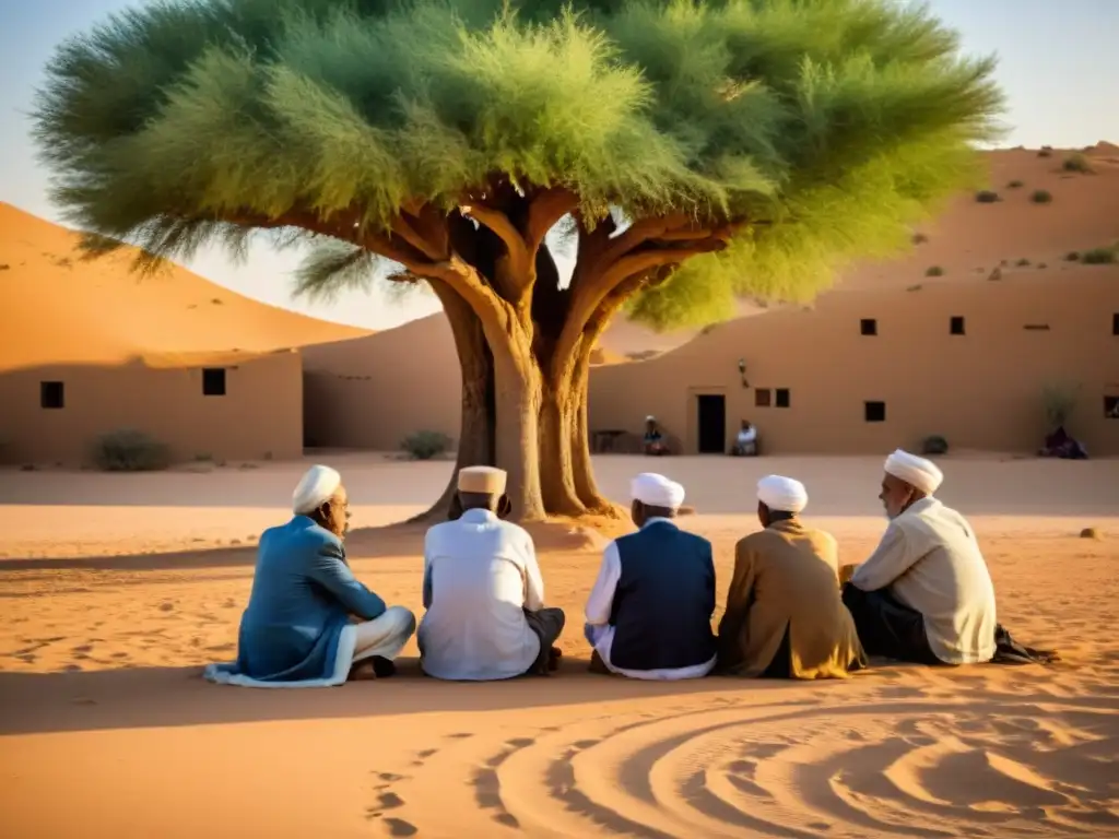 Un círculo de ancianos transmite la importancia oralidad filosofía norteafricana bajo un árbol en el desierto
