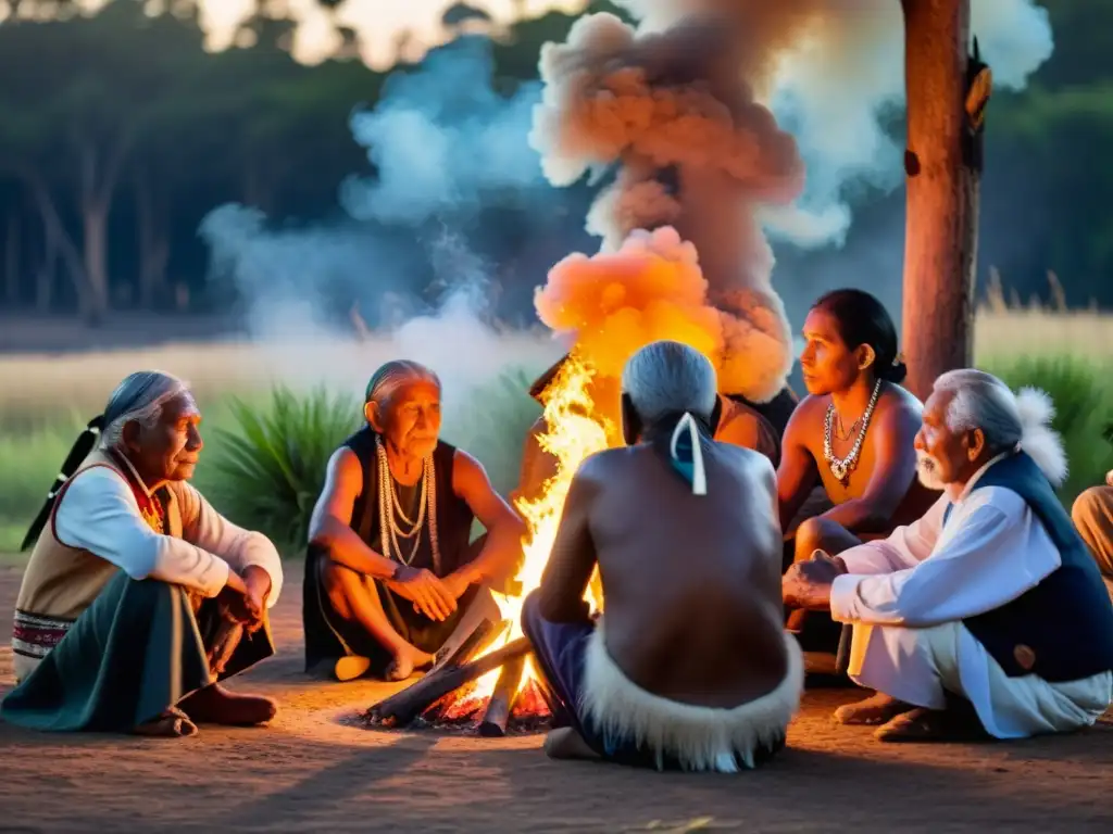 Un círculo de ancianos indígenas alrededor de una fogata, con sus rostros iluminados por el fuego