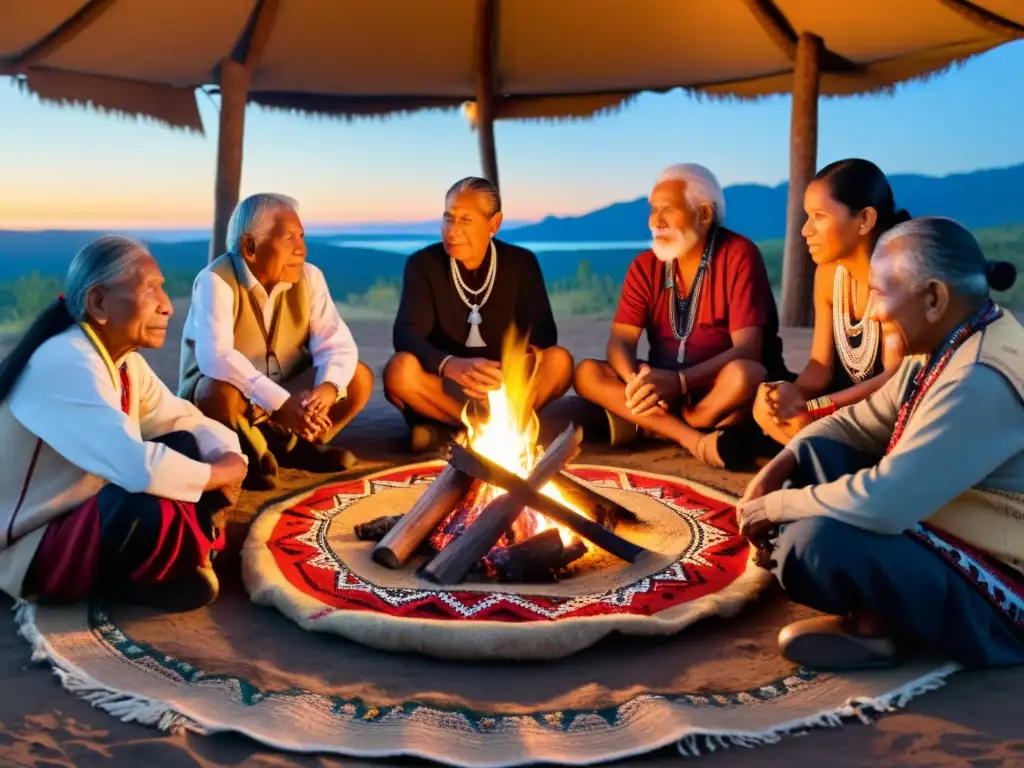 Un círculo de ancianos indígenas se reúne alrededor del fuego, compartiendo narrativa oral y filosofía ancestral