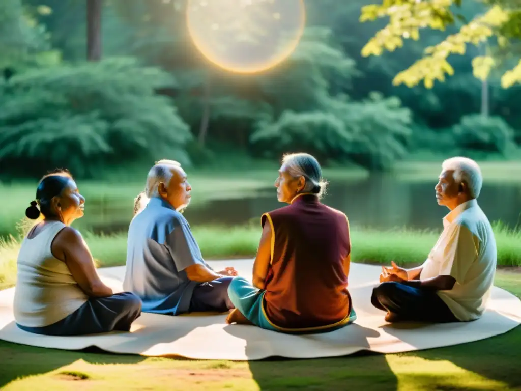 Un círculo de ancianos indígenas medita en la naturaleza, radiando sabiduría y espiritualidad