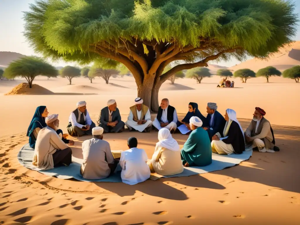 Un círculo de ancianos norteafricanos recitando poesía bajo un árbol en el desierto, reflejando la conexión entre poesía y filosofía en la región