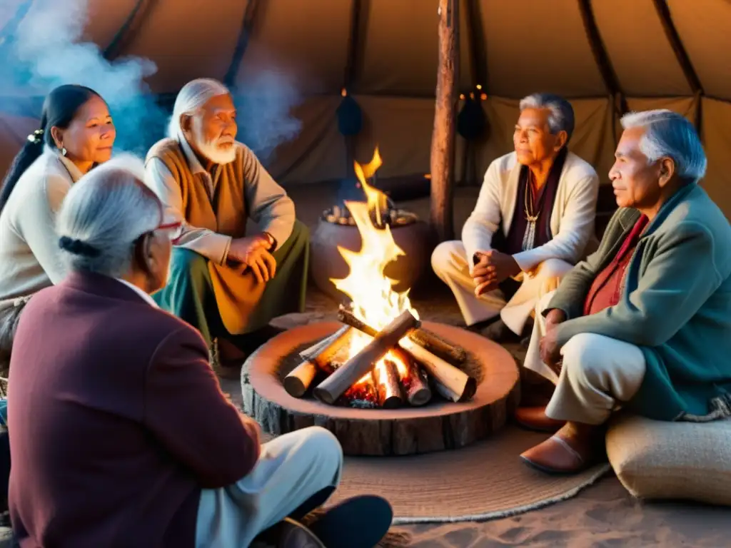 Un círculo de ancianos y poetas indígenas alrededor de una fogata, con una atmósfera mística y reverencia por las tradiciones orales