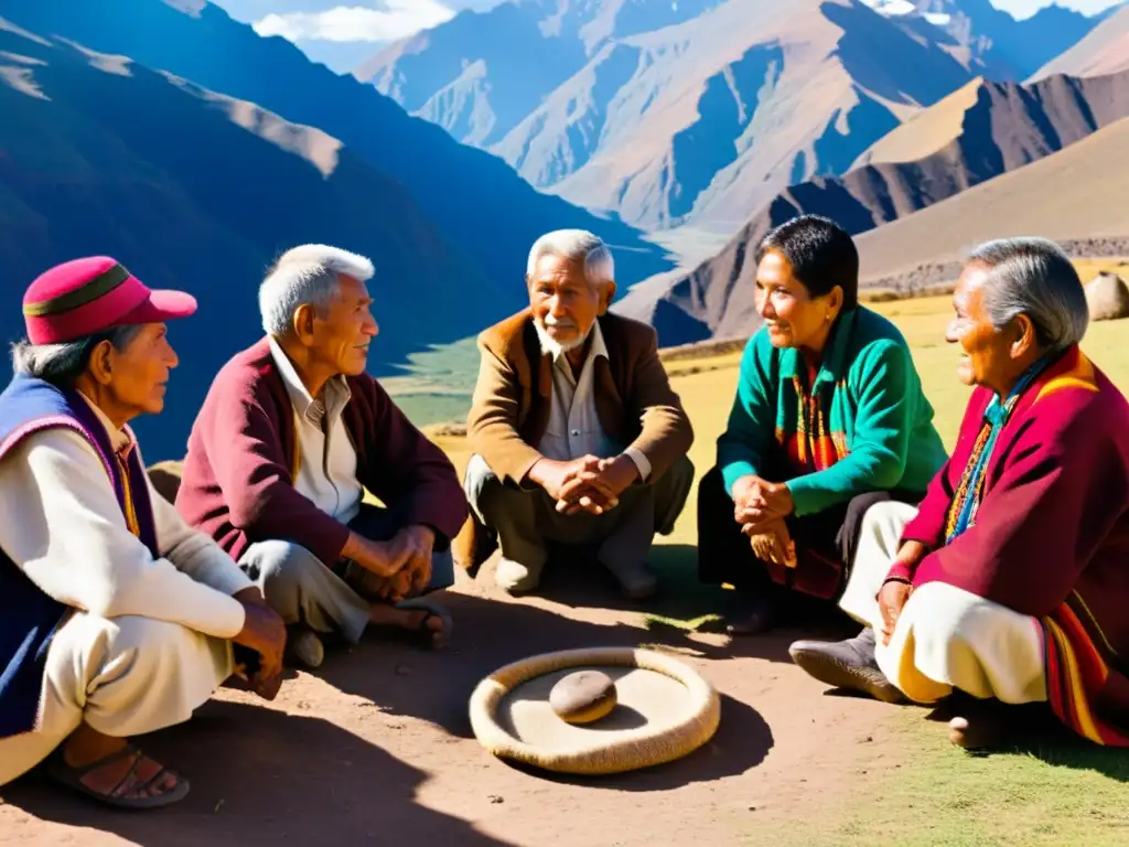 Un círculo de ancianos Quechua discute animadamente, rodeados de textiles y montañas, capturando la Filosofía viva del idioma Quechua