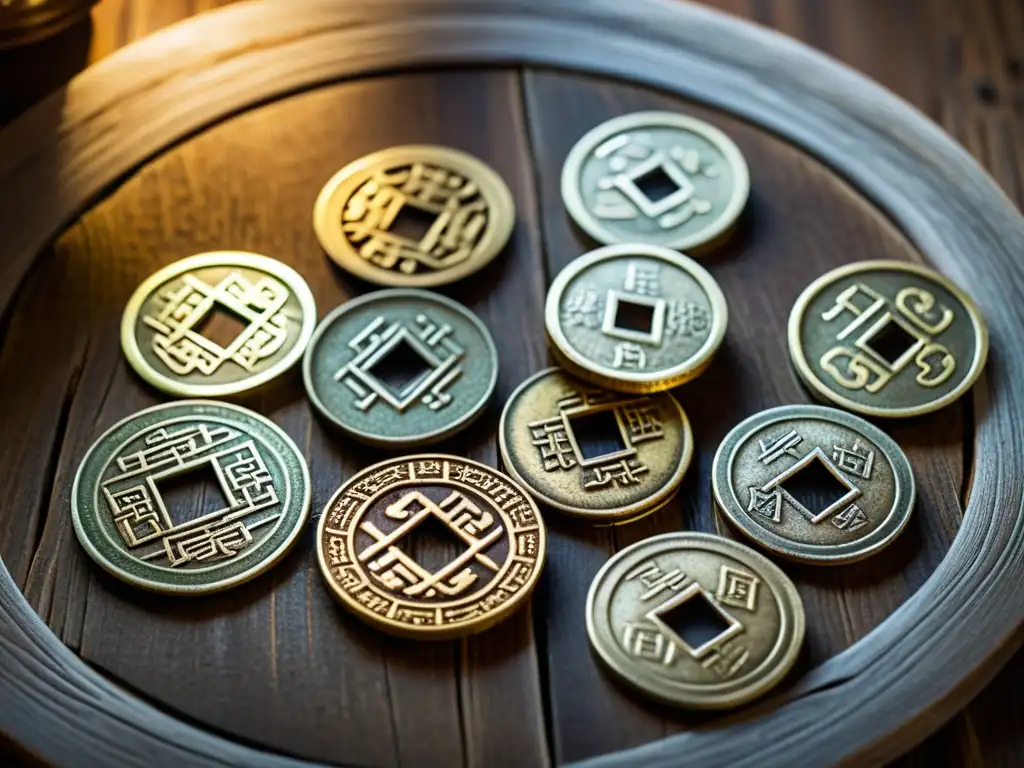 Un círculo de antiguas monedas chinas en una mesa de madera, iluminadas por luz natural