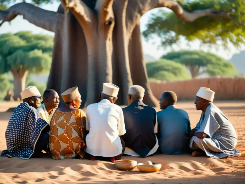 Un círculo de ancianos Yoruba bajo un baobab ancestral, inmersos en una profunda conversación