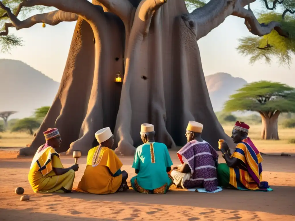Un círculo de ancianos Yoruba bajo un baobab al atardecer, vestidos en atuendos tradicionales y realizando un ritual